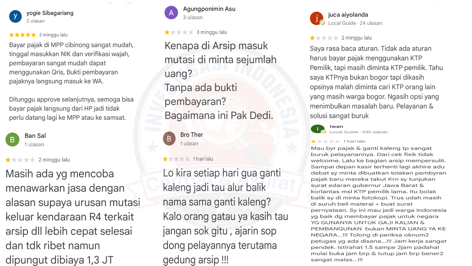 Ulasan Warga di Google Maps untuk Samsat Cibinong